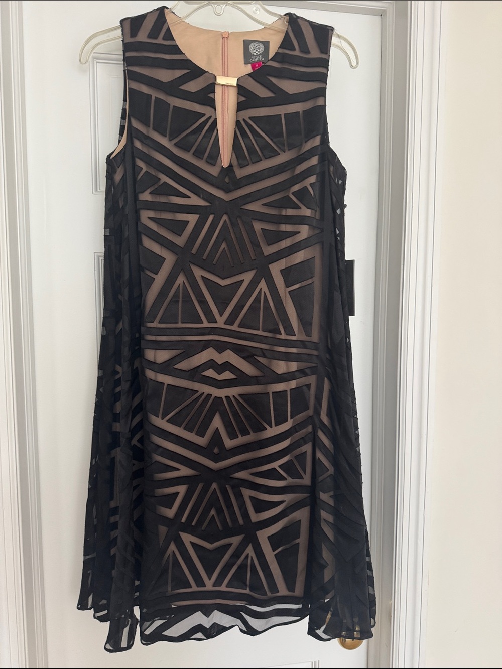 Vince Camuto Black Geometric Sheer Overlay Mini Dress with Nude Underlay